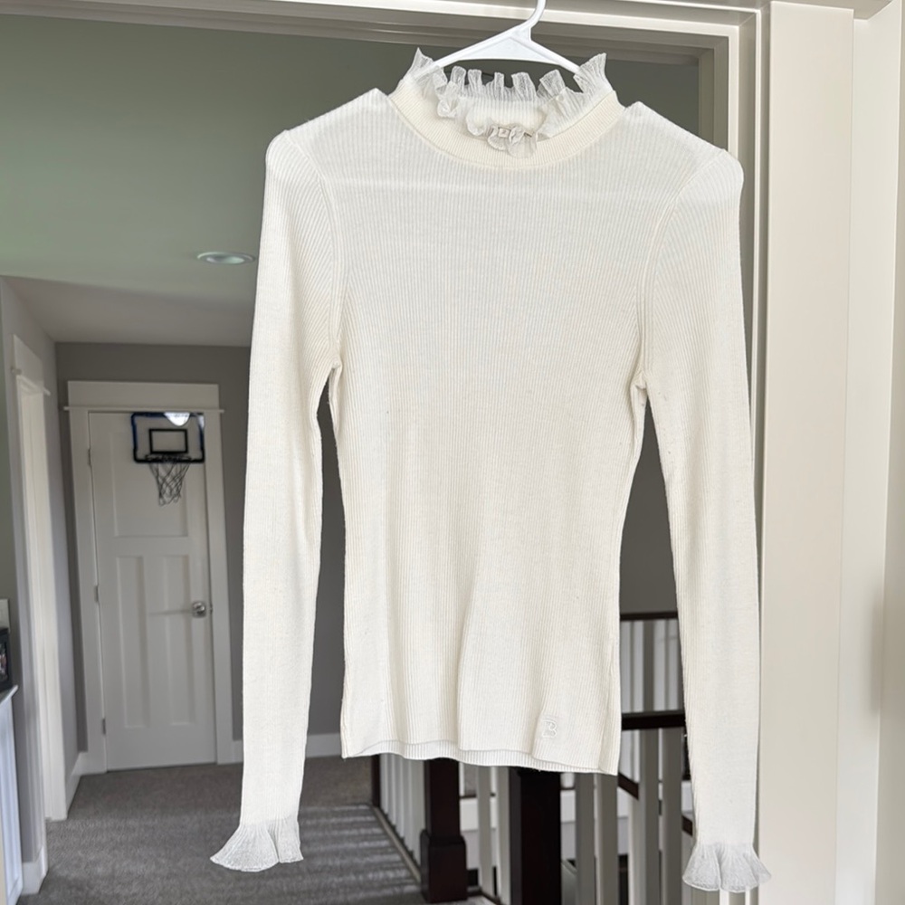Ted Baker White Fitted Ruffled Long Sleeve Blouse